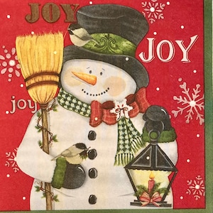 3 Decoupage Napkins, Snowman Joy, 13" x 13" Unfolded