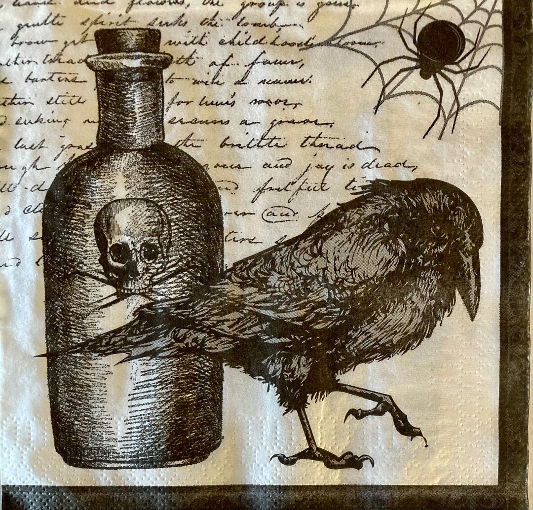 3 Decoupage Napkins, Halloween Poison Elixer Black Crow, 13x13 Unfolded