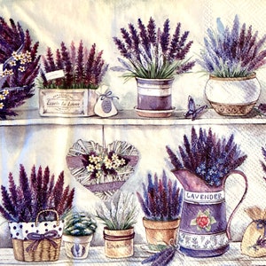 May include: A watercolor painting of a shelf with lavender plants in pots, a pitcher, and a heart-shaped wreath. The shelf is decorated with a sign that says "Esprit la Lavande" and a small bag with a tag that says "Parfumerie".