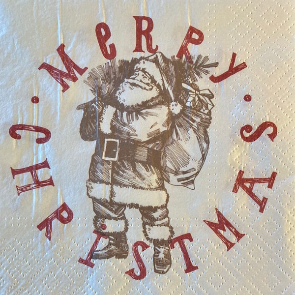 3 Decoupage Napkins - Santa Claus Merry Christmas, 13" x 13" Unfolded