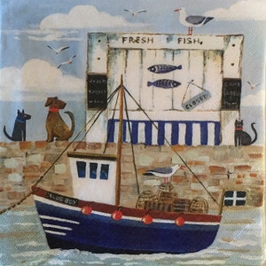 3 Decoupage Servietten, frischer Fisch Pier Segelboot Hunde Katze Möwen, 13 "x 13" entfaltet