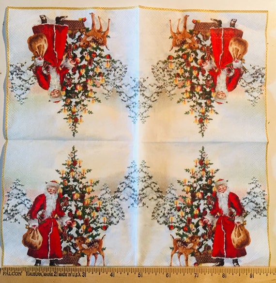 Tovaglioli Natalizi 3 Veli, 33x33 Cm, Confezione Da 20, Con Motivo Maki E Visita Segreta Di Babbo Natale, Per Decoupage O Tavola