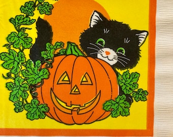 3 Vintage Decoupage Luncheon Napkins - Happy Halloween Black Cat Jack O Lantern, 13" x 13" Unfolded