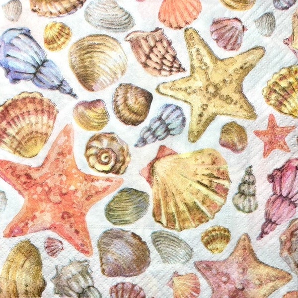 3 Servietten, Sommer Strand Muscheln, 33 x 33 cm, ungefaltet