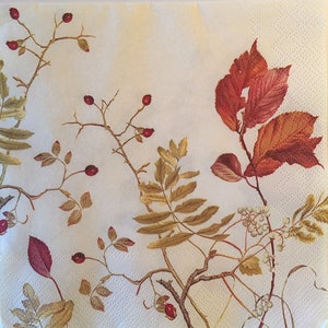3 Decoupage Lunch Napkins, Fall Branches Red Berries Autumn Leaves 13&quot; x 13&quot; Unfolded