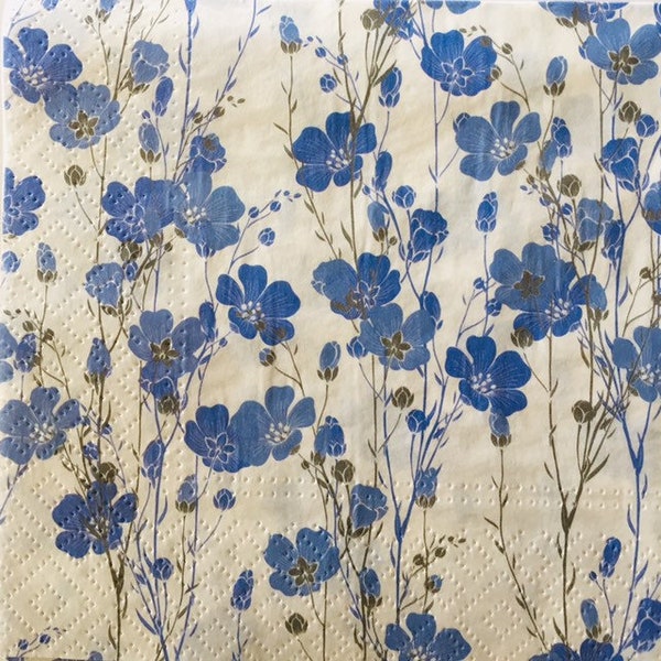 3 Decoupage Napkins - Blue Flax Flowers, 13"x 13" unfolded