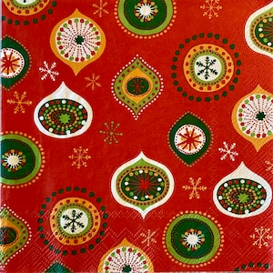 3 Decoupage Holiday Luncheon Napkins, Mid-Century Modern Retro Dotty Christmas Ornaments 13" x 13" Unfolded
