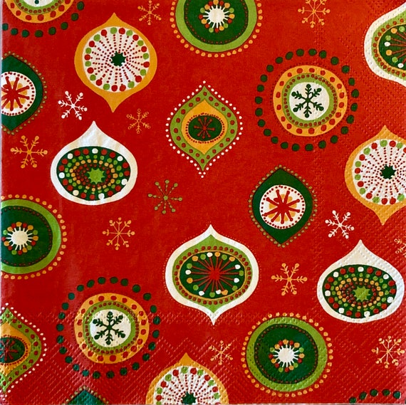 3 Decoupage Holiday Luncheon Napkins, Mid-Century Modern Retro Dotty Christmas Ornaments 13" x 13" Unfolded