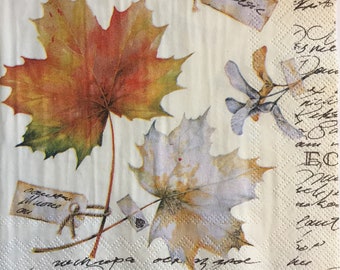 3 Decoupage Napkins, Delicate Autumn Leaves Collage Botanical 13" x 13" unfolded