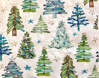 3 Decoupage Napkins, Christmas Tree Sea Patterns, 13" x 13" unfolded