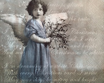 3 serwetki świąteczne do decoupage'u, Sagen Vintage Angel Blue Dreaming of a White Christmas, 13" x 13" po rozłożeniu