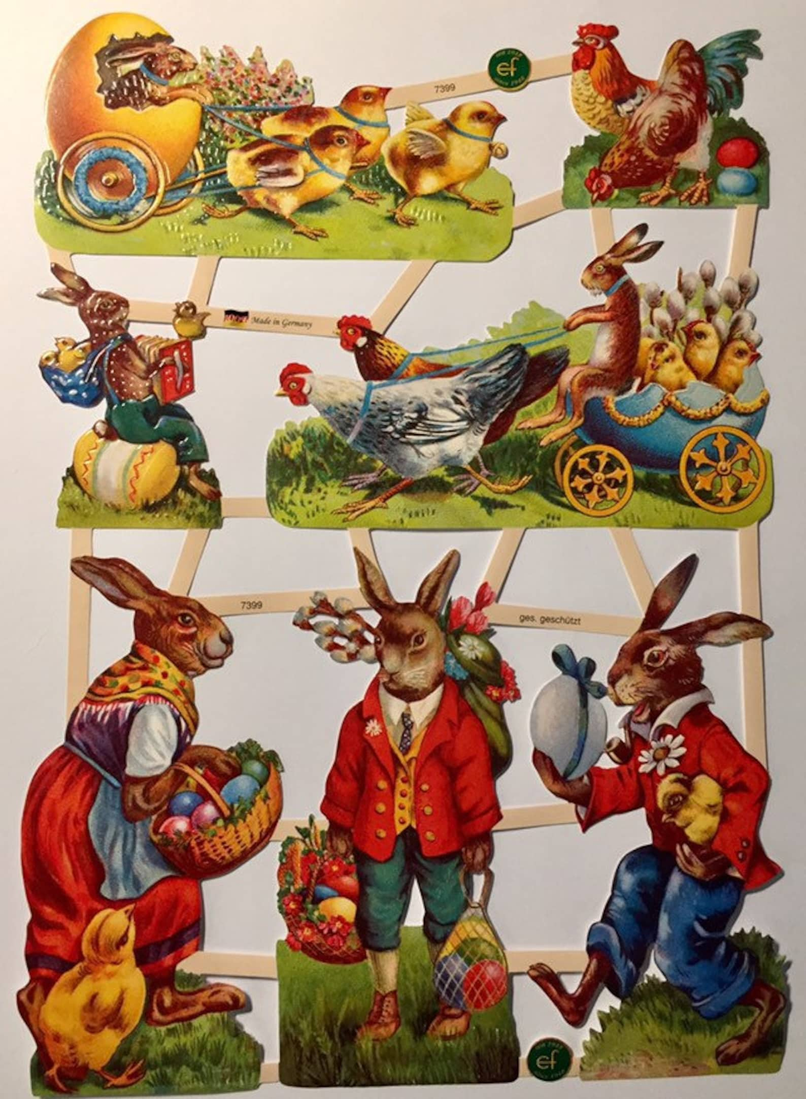 SCRAP RELIEFS Vintage Easter Scenes Glanzbilder (1 sheet) #7399 Embossed Die Cuts - Ernst Freihoff GmbH Made in Germany