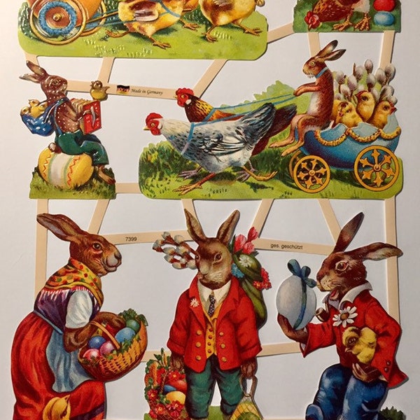 SCRAP RELIEFS Vintage Easter Scenes Glanzbilder (1 sheet) #7399 Embossed Die Cuts - Ernst Freihoff GmbH Made in Germany