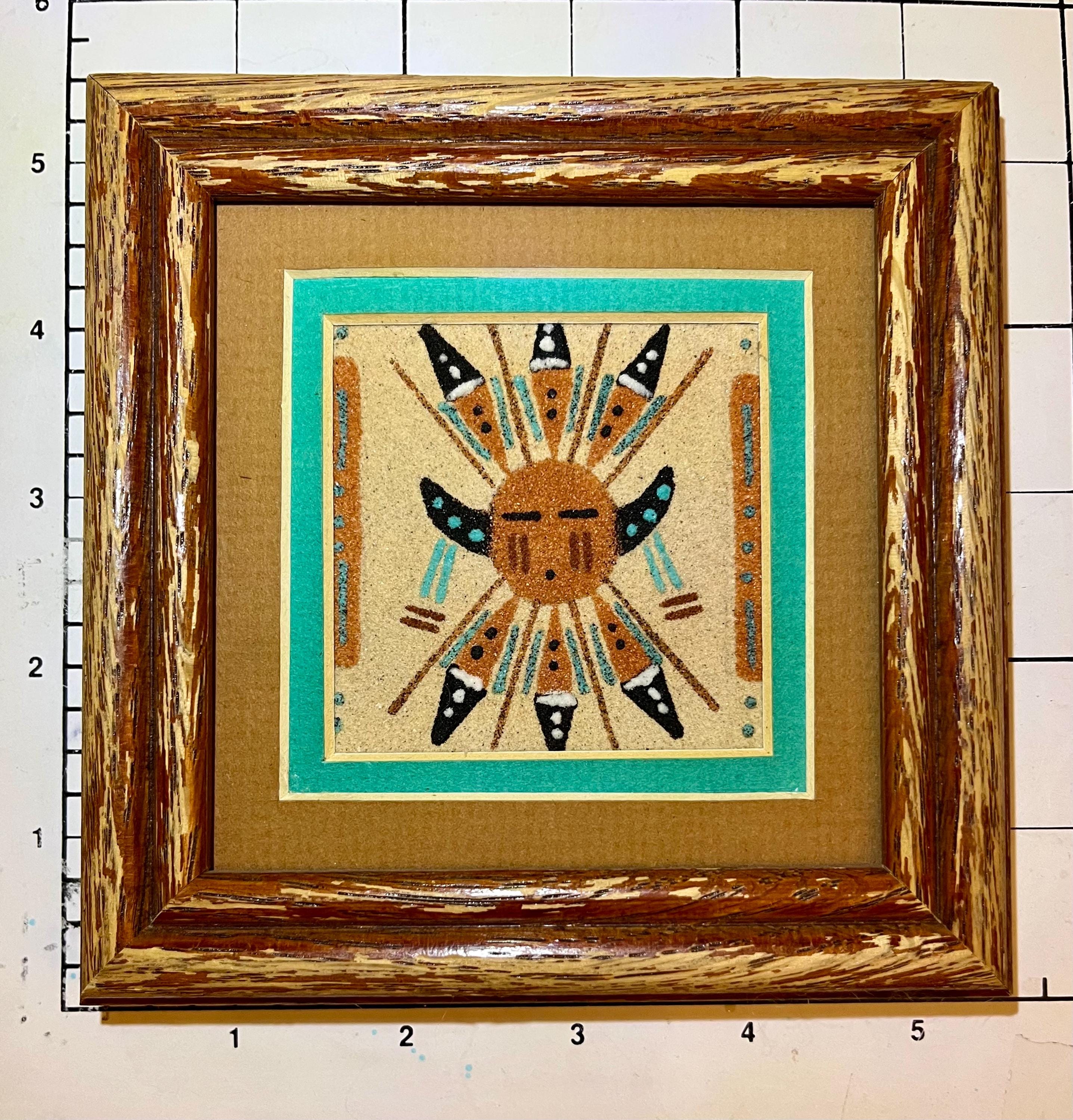 Vintage 5”x5” Small Framed Navajo Sand Painting Sun Shield, Signed