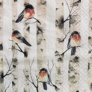 3 Decoupage Servetten, Vogels Berkenbomen, 13" x 13" Uitgevouwen