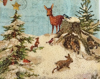 3 Decoupage Napkins, Snowy Forest Friends, 13" x 13" Unfolded