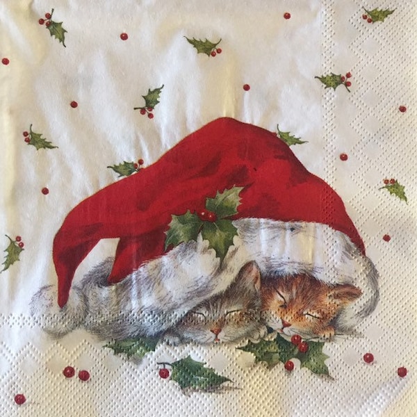 3 Decoupage Luncheon Napkins, Sleeping Kittens Santa Hat Happy Christmas 13" x 13" unfolded