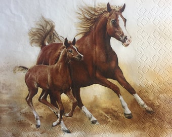 3 Decoupage Paper Napkins, Horse Mare Galloping With Foal, 13" x 13" Unfolded