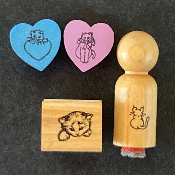 Set of 4 Vintage Cats Small Rubber Stamps, Used
