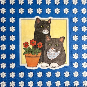 3 guardanapos decoupage vintage - vaso de flores com dois gatos pretos na janela, 13" x 13" desdobrado