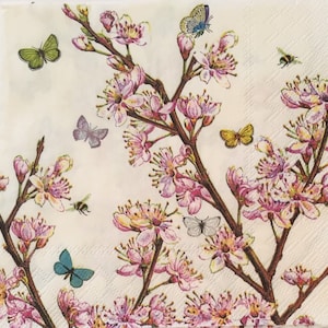 3 Servietten, Frühlings-Kirschblüten-Schmetterlinge, 33 x 33 cm, ungefaltet