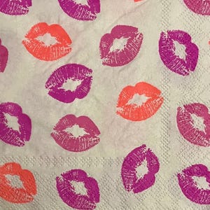 3 Decoupage Beverage Napkins, Lipstick Lips Kisses, 10&quot; x 10&quot; Unfolded