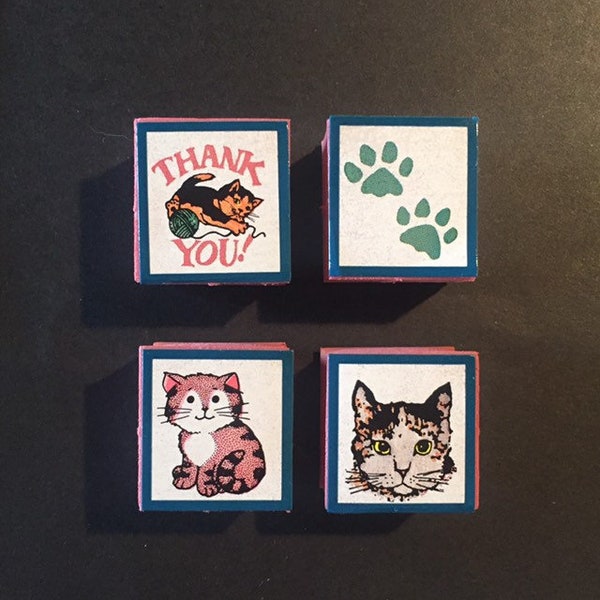 Set of 4 Vintage Personal Stamp Exchange Cats Pawprints Thank You Foam Rubber Stamps 1" x 1", 1993