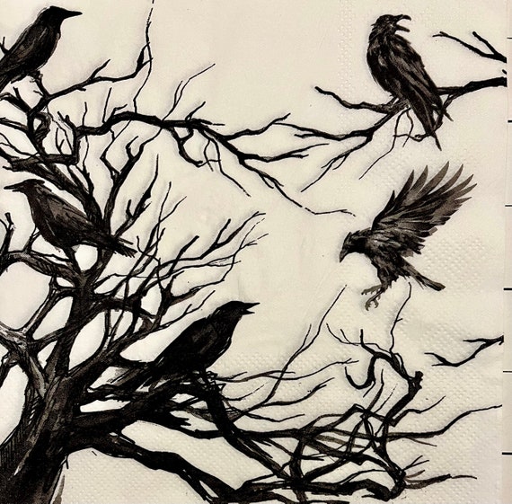 3 Decoupage Napkins, Black Crows Ravens in Black Tree, 13"x13" Unfolded