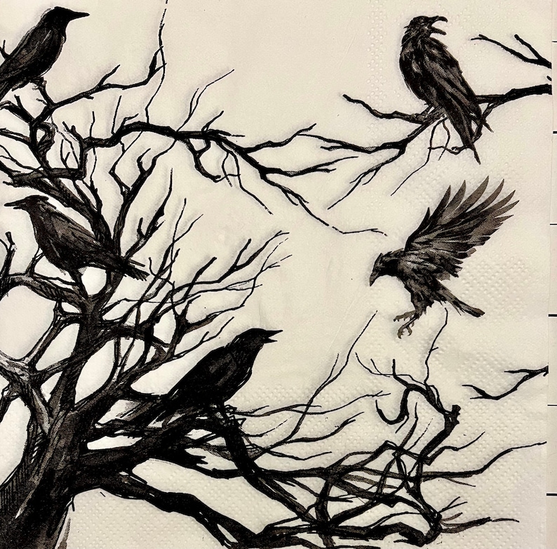 Puede incluir: Ilustraci&oacute;n en blanco y negro de cinco cuervos posados en las ramas desnudas de un &aacute;rbol. Los cuervos est&aacute;n en varias posiciones, algunos est&aacute;n volando, algunos est&aacute;n posados y algunos est&aacute;n mirando al espectador.