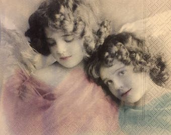 3 Decoupage Christmas Napkins, Sagen Vintage Two Angels Pink Blue, 13" x 13" unfolded