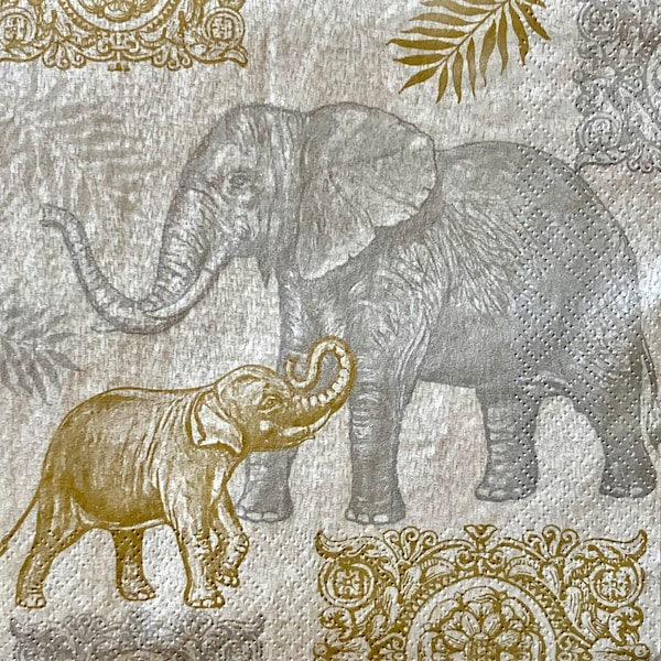 3 Decoupage Napkins, Indian Style Elephants 13" x 13" Unfolded