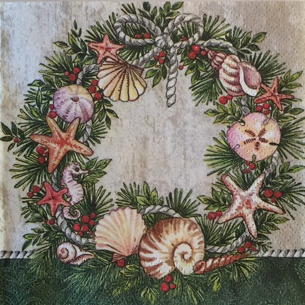 3 Decoupage Holiday Beverage Napkins, Christmas Seashells Wreath 10" x 10"