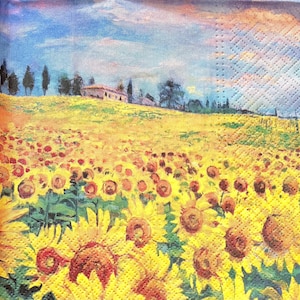 3 Decoupage Napkins, Yellow Sunflowers Field, 13&quot; x 13&quot; Unfolded