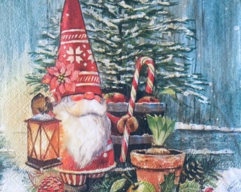 3 Decoupage Napkins Christmas Tomte Nisse Gnome With Candy Cane, 13" x 13" unfolded