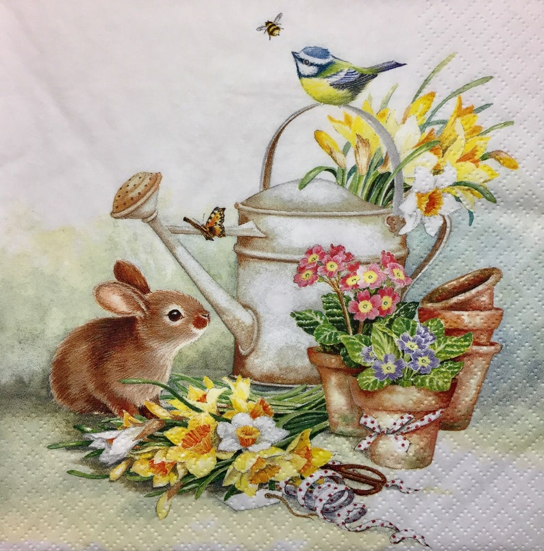 3 Decoupage Napkins Bunny Easter Garden Watering Can 13 Etsy