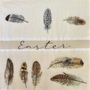 3 Decoupage Napkins, Easter Feathers Gray 13&quot; x 13&quot; Unfolded