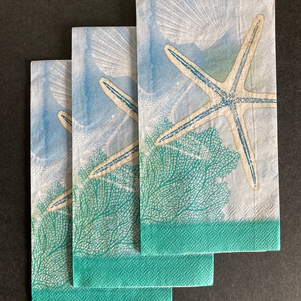 3 Decoupage Napkins, Seashells Tidepool Ocean, 12" x 16" unfolded