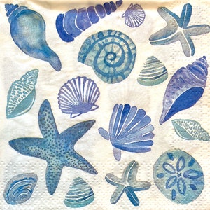 3 servilletas de bebidas decoupage, conchas de mar de acuarela azul, estrella de mar de arena, 10" x 10" desplegadas