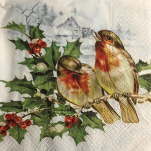 3 serviettes de découpage, oiseaux de Noël sur la neige de la branche de houx, 13 "x 13" dépliées