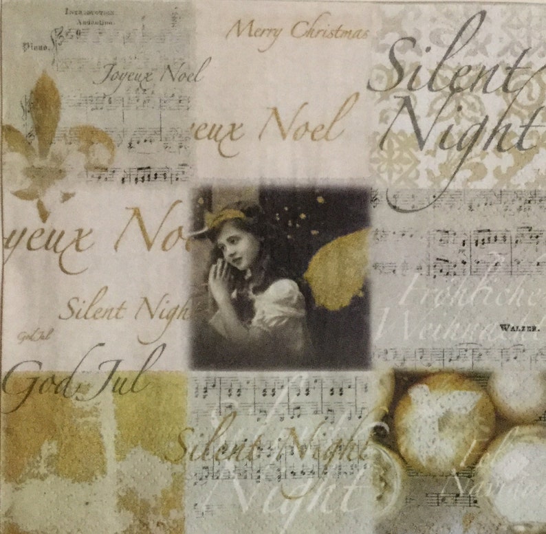 May include: A vintage-style Christmas card with a collage of images and text. The card features a young girl with a crown of flowers, musical notes, and the words "Silent Night" and "Merry Christmas".