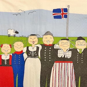 3 serviettes de table à servir - Famille de six personnes de l'Islande, portrait drapeau et mouton 33 x 33 cm non plié