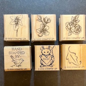 6 timbres miniatures Stampin' Up inutilisés vintage 2,5 cm x 2,5 cm estampés à la main par des timbres en bois montés diverses, 1999, 2000