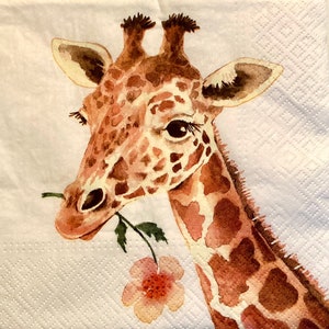 3 Decoupage Lunch Napkins, Giraffe With Flower 13&quot; x 13&quot; unfolded