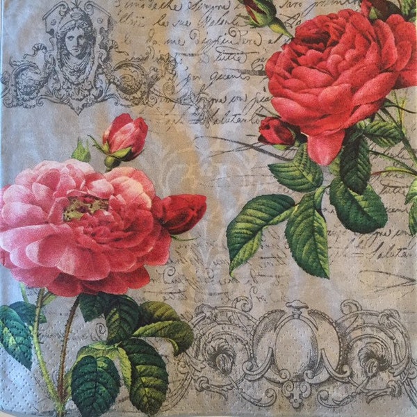 3 Decoupage Lunch Napkins, Deux Roses Classique Collage Gray, 13" x 13" unfolded