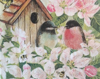 3 servilletas para decoupage, flores de primavera, casa de pájaros, pájaros y abejas, 33 x 33 cm (desplegadas)