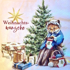3 Servilletas Decoupage, Weihnachtswünsche Christmas Wishes Fox Grandma Knitting, 13" x 13" desplegado