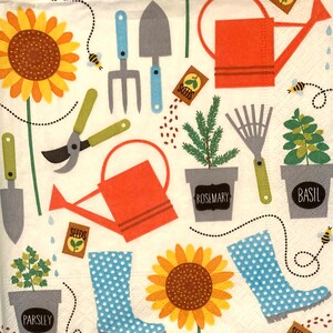 3 Decoupage Servietten, Gartenarbeit Collage 13"x 13" ungefaltet