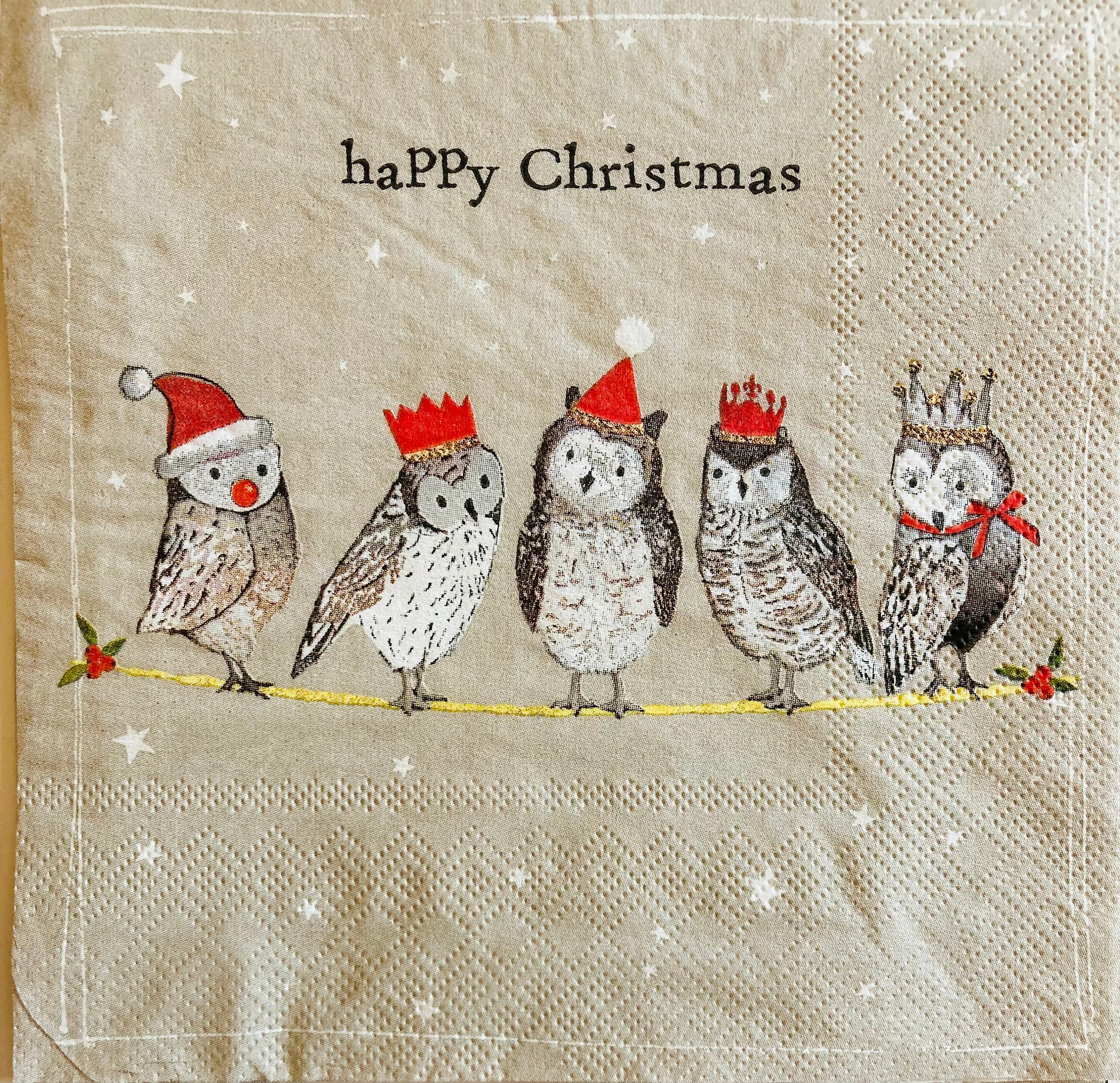 3 Decoupage Lunch Napkins, Happy Christmas Owls 13" x 13" Unfolded