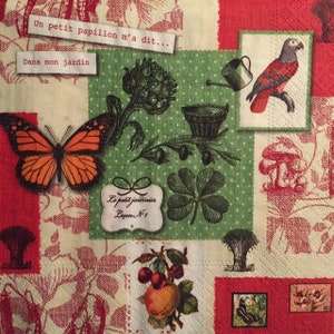 3 Decoupage Servietten, Französisch Jardin Schmetterlinge Collage rot 13 "x 13"