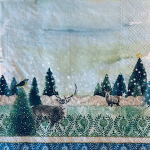 3 Decoupage Holiday Napkins Winter Deer Blue Sky, 13&quot; x 13&quot; unfolded